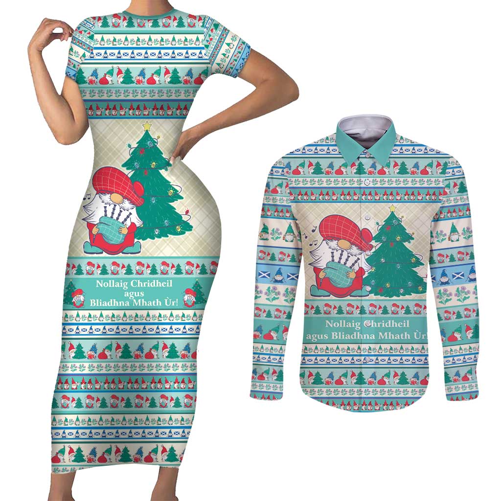 Gnome Bagpies Musical Couples Matching Short Sleeve Bodycon Dress and Long Sleeve Button Shirt Nollaig Chridheil Scotland Christmas Pattern LT9 - Wonder Print Shop