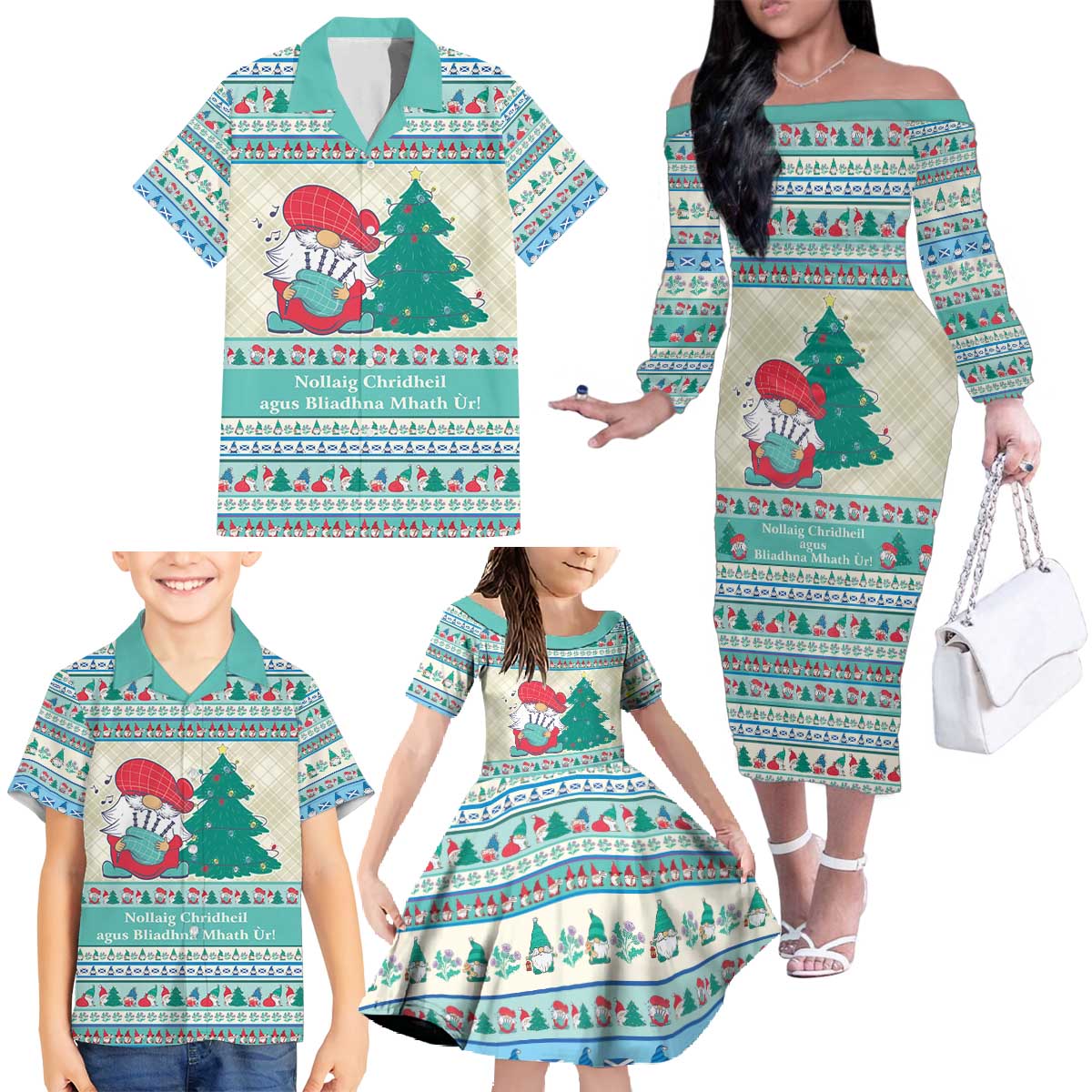 Gnome Bagpies Musical Family Matching Off The Shoulder Long Sleeve Dress and Hawaiian Shirt Nollaig Chridheil Scotland Christmas Pattern - Wonder Print Shop