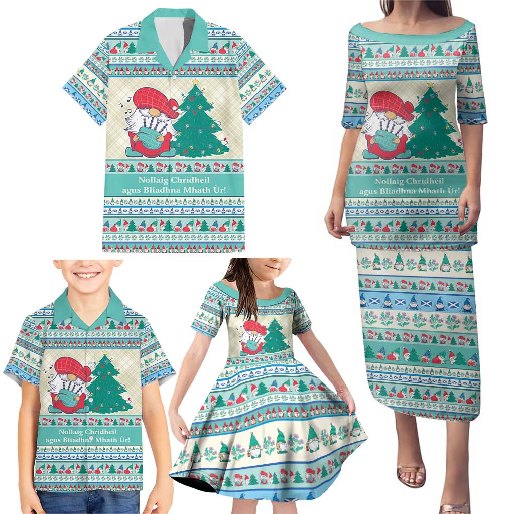 Gnome Bagpies Musical Family Matching Puletasi and Hawaiian Shirt Nollaig Chridheil Scotland Christmas Pattern - Wonder Print Shop