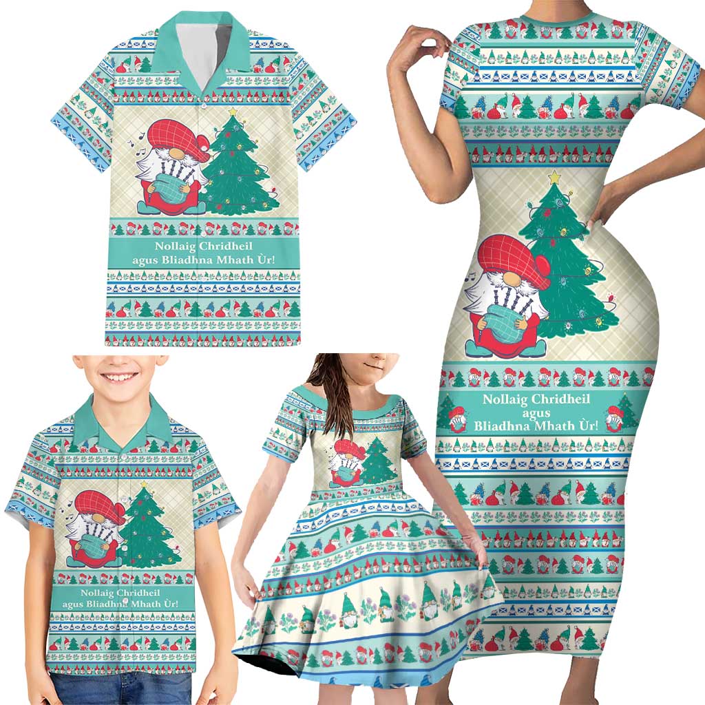 Gnome Bagpies Musical Family Matching Short Sleeve Bodycon Dress and Hawaiian Shirt Nollaig Chridheil Scotland Christmas Pattern - Wonder Print Shop