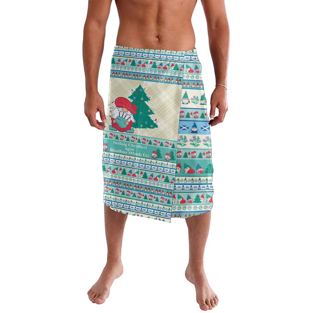 Christmas patterned wrap skirt in mint blue with gnome and tree graphics, front view