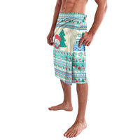 Christmas patterned wrap skirt in mint blue with gnome and tree graphics, side view