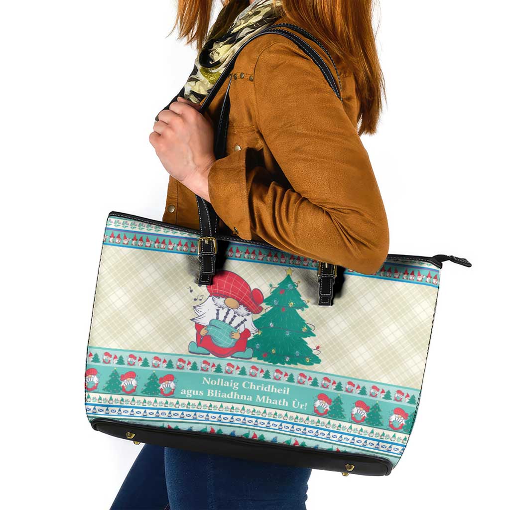 Gnome Bagpies Musical Leather Tote Bag Nollaig Chridheil Scotland Christmas Pattern - Wonder Print Shop