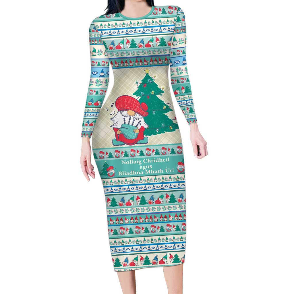 Gnome Bagpies Musical Long Sleeve Bodycon Dress Nollaig Chridheil Scotland Christmas Pattern - Wonder Print Shop