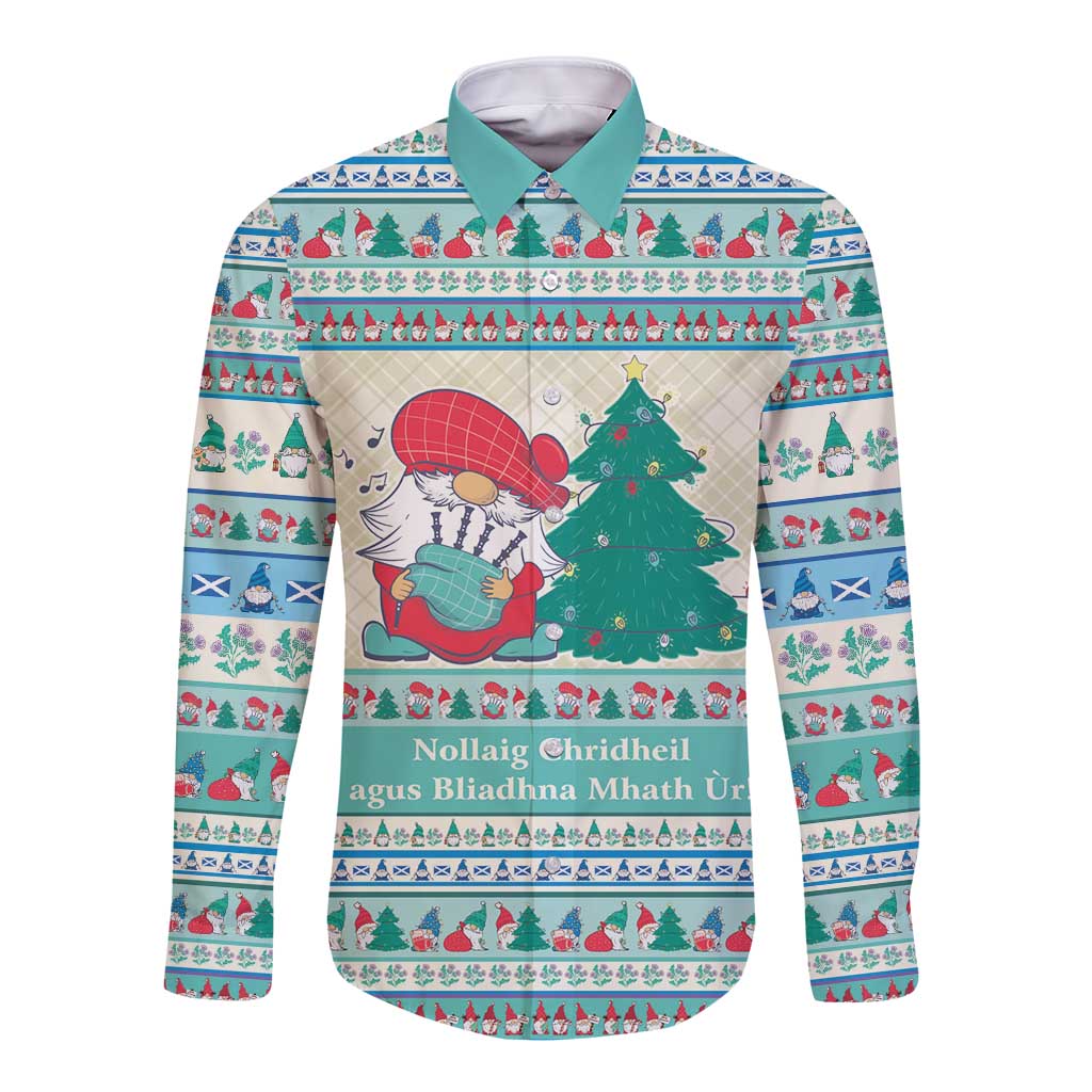 Mint-collar long-sleeve button shirt with cartoon gnome, trees, and Christmas pattern