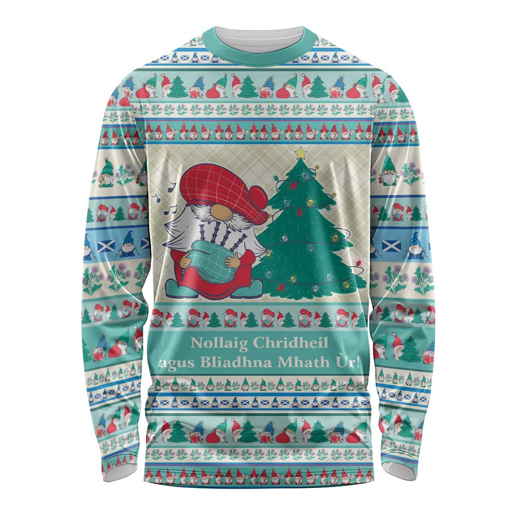 Gnome Bagpies Musical Long Sleeve Shirt Nollaig Chridheil Scotland Christmas Pattern - Wonder Print Shop