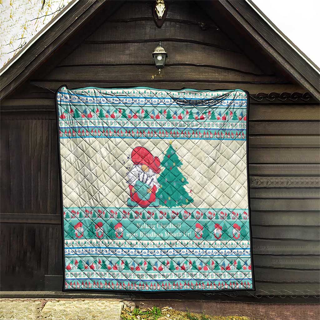 Christmas quilted throw blanket with snowman and tree center design, mint blue striped edge