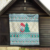 Christmas quilted throw blanket with snowman and tree center design, mint blue striped edge