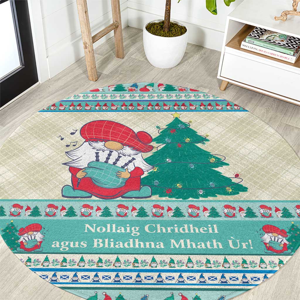 Round Christmas carpet with mint blue patterned border, gnome figure and evergreen tree