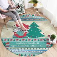 Round Christmas carpet, mint blue and green gnome scene with tree and festive decorative text