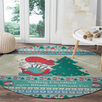 Round Christmas carpet, mint blue base with gnome, tree, and festive border