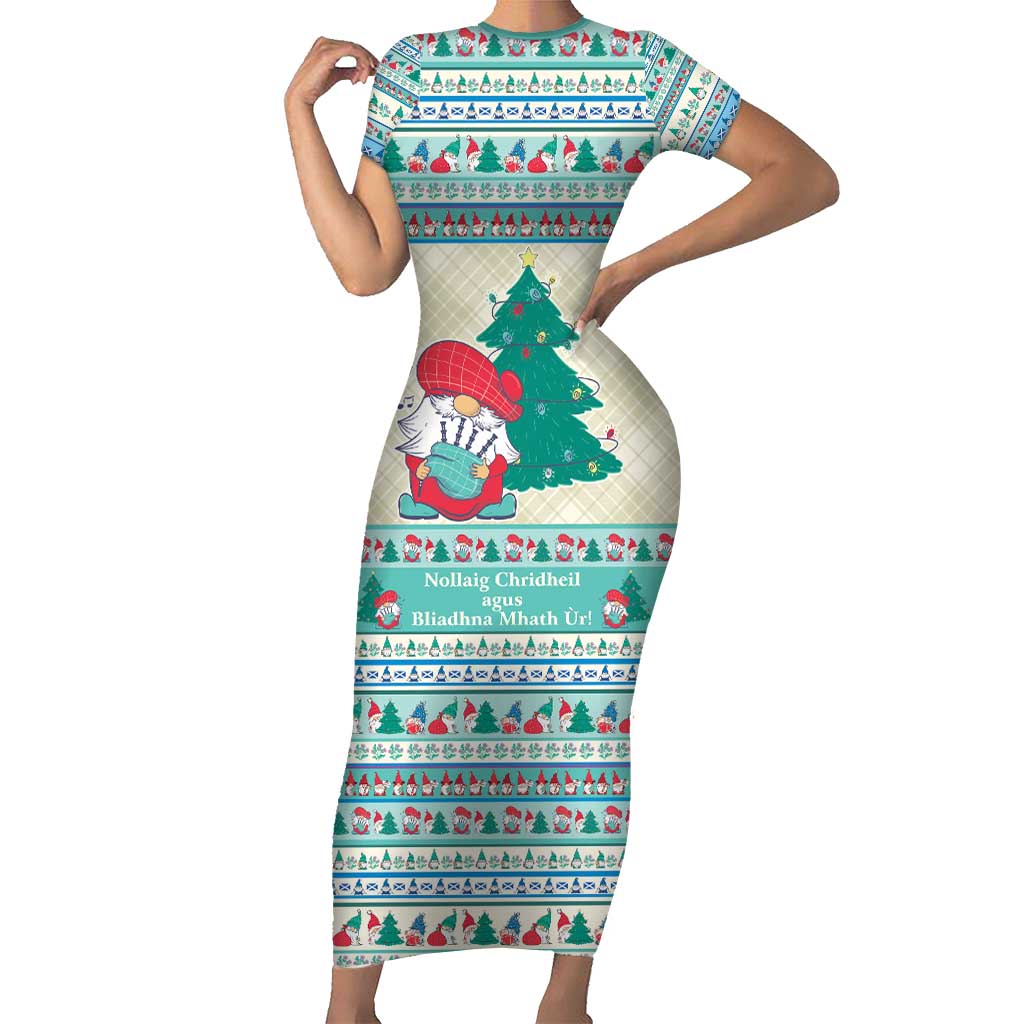 Gnome Bagpies Musical Short Sleeve Bodycon Dress Nollaig Chridheil Scotland Christmas Pattern