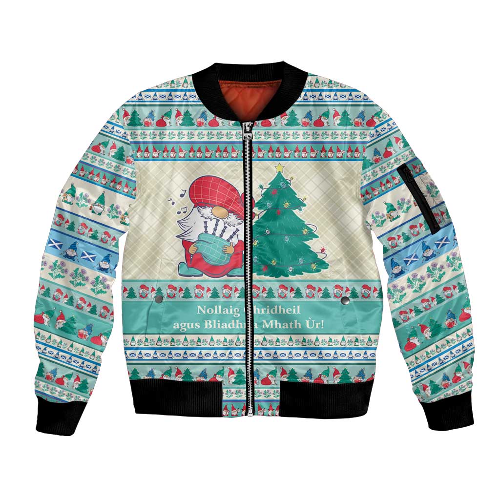 Gnome Bagpies Musical Sleeve Zip Bomber Jacket Nollaig Chridheil Scotland Christmas Pattern