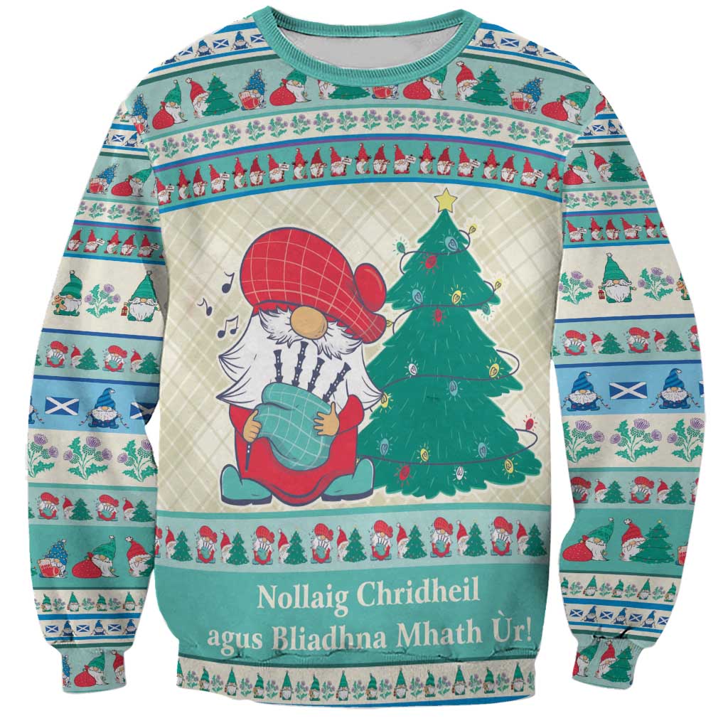 Unisex mint blue Christmas sweatshirt with gnome, tree, and festive pattern