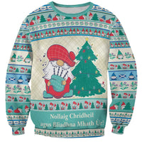 Unisex mint blue Christmas sweatshirt with gnome, tree, and festive pattern