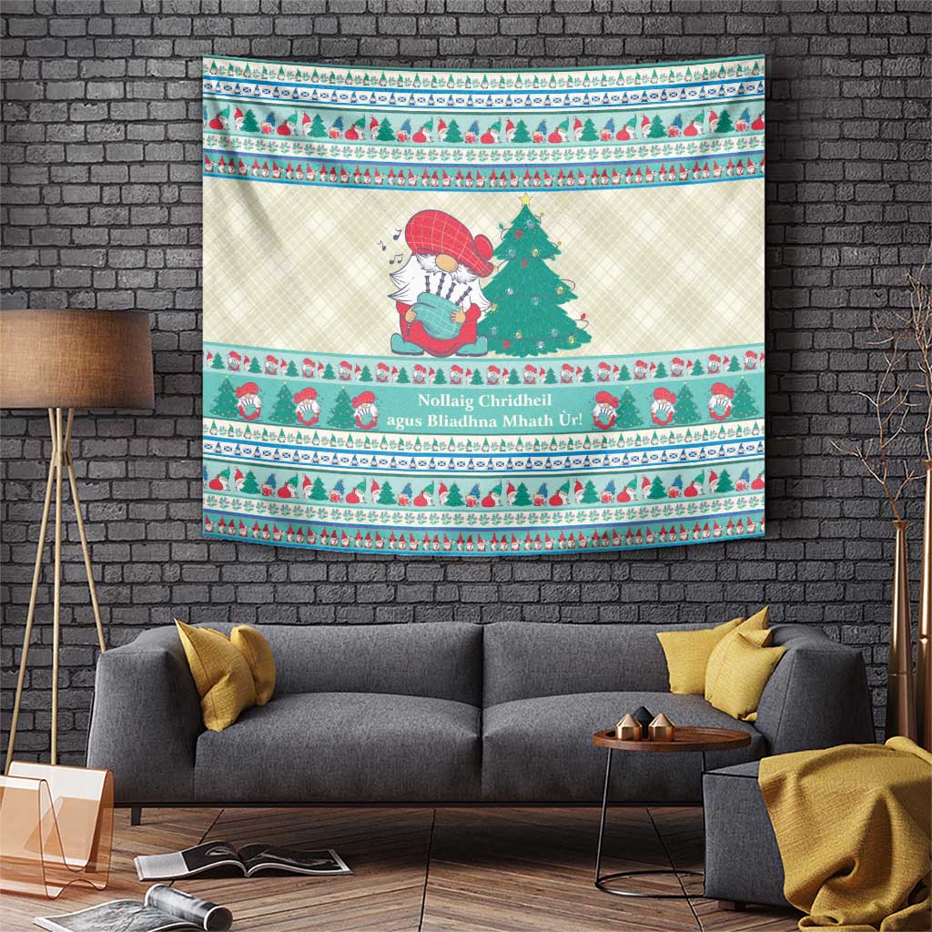 Christmas tapestry wall hanging with gnome by pine tree, mint blue festive border