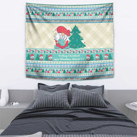 Christmas wall tapestry featuring gnome holding gift near pine tree, mint blue border