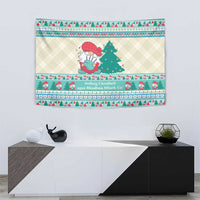 Christmas tapestry wall hanging with gnome and pine tree, festive mint blue trim