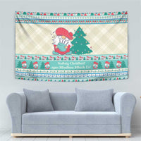 Christmas wall tapestry with gnome musician near pine tree, mint blue patterned edge