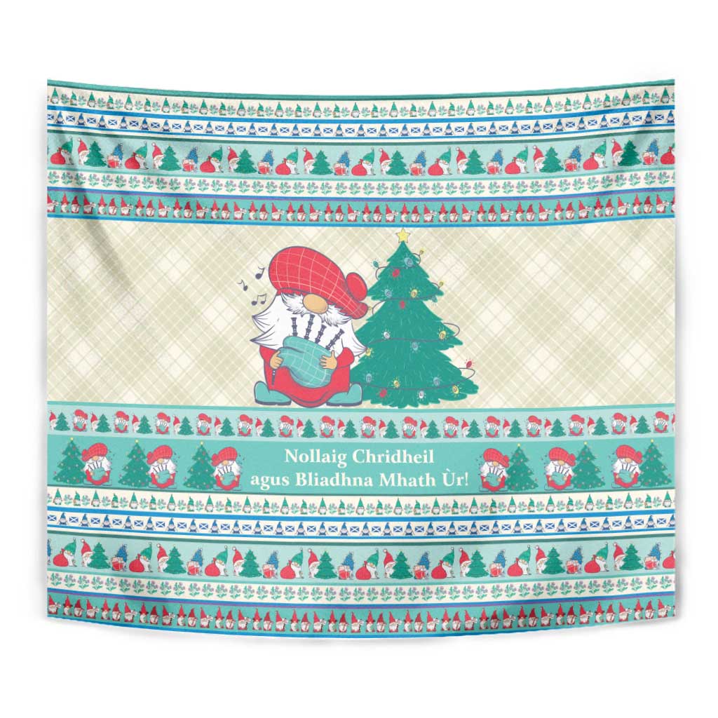Close-up Christmas tapestry design with gnome, pine tree, and mint blue decorative bands