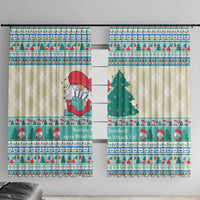 Christmas window curtain panels with mint blue gnome and pine tree stripe pattern