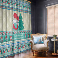 Mint blue Christmas curtain panel with gnome holding a book, pine tree scene, stripes