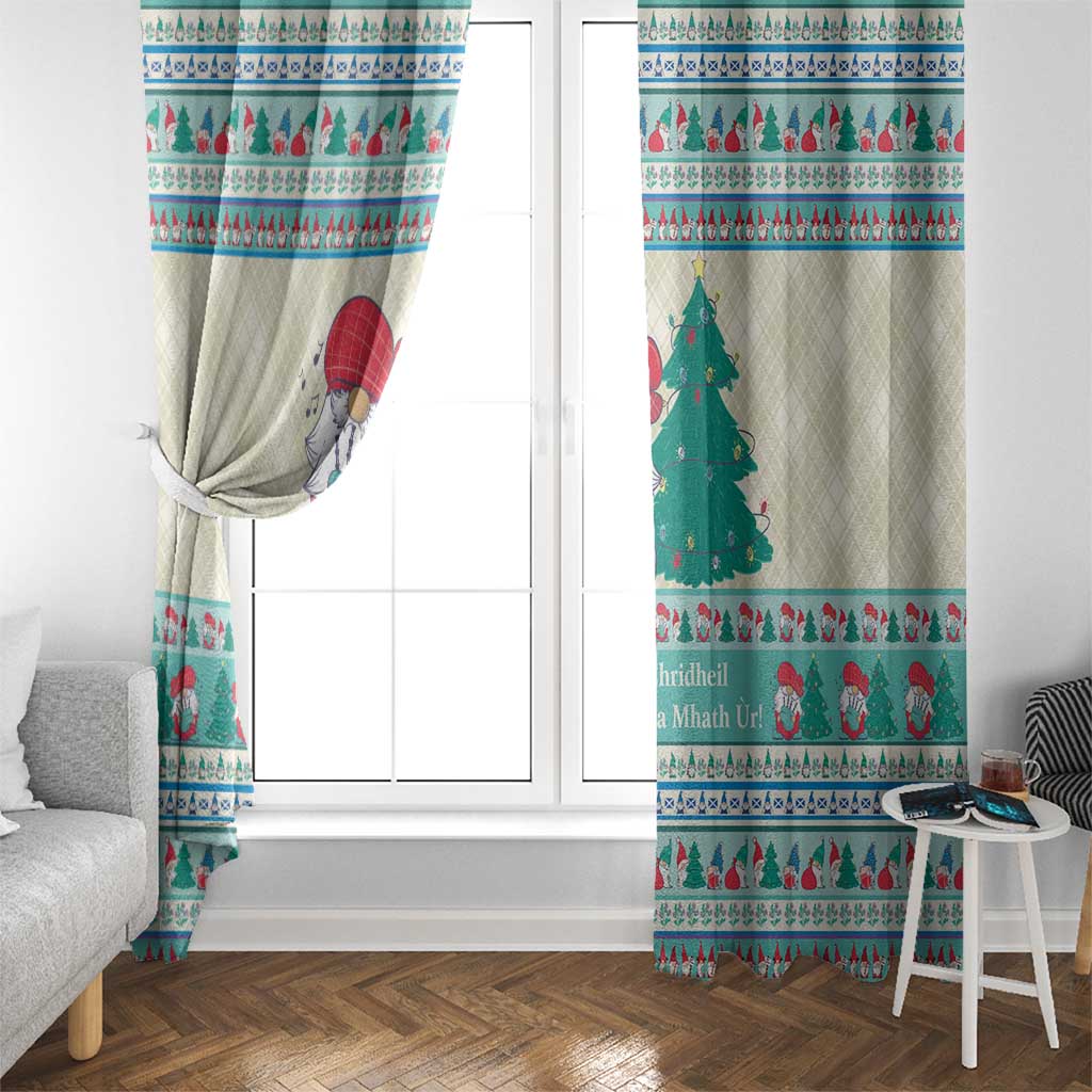 Gnome and pine tree Christmas curtain panels with mint blue striped border, center tie