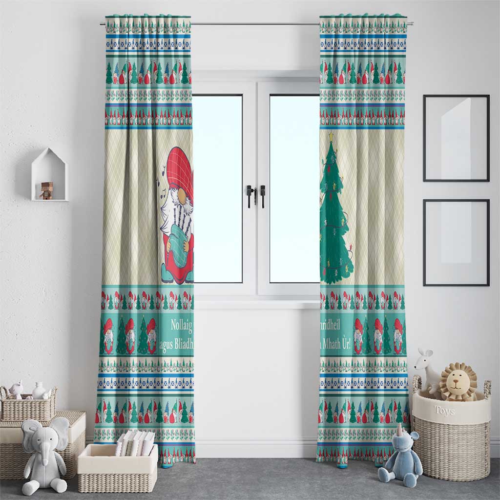 Set of two Christmas window curtains with mint blue gnome and pine tree striping