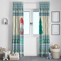 Set of two Christmas window curtains with mint blue gnome and pine tree striping