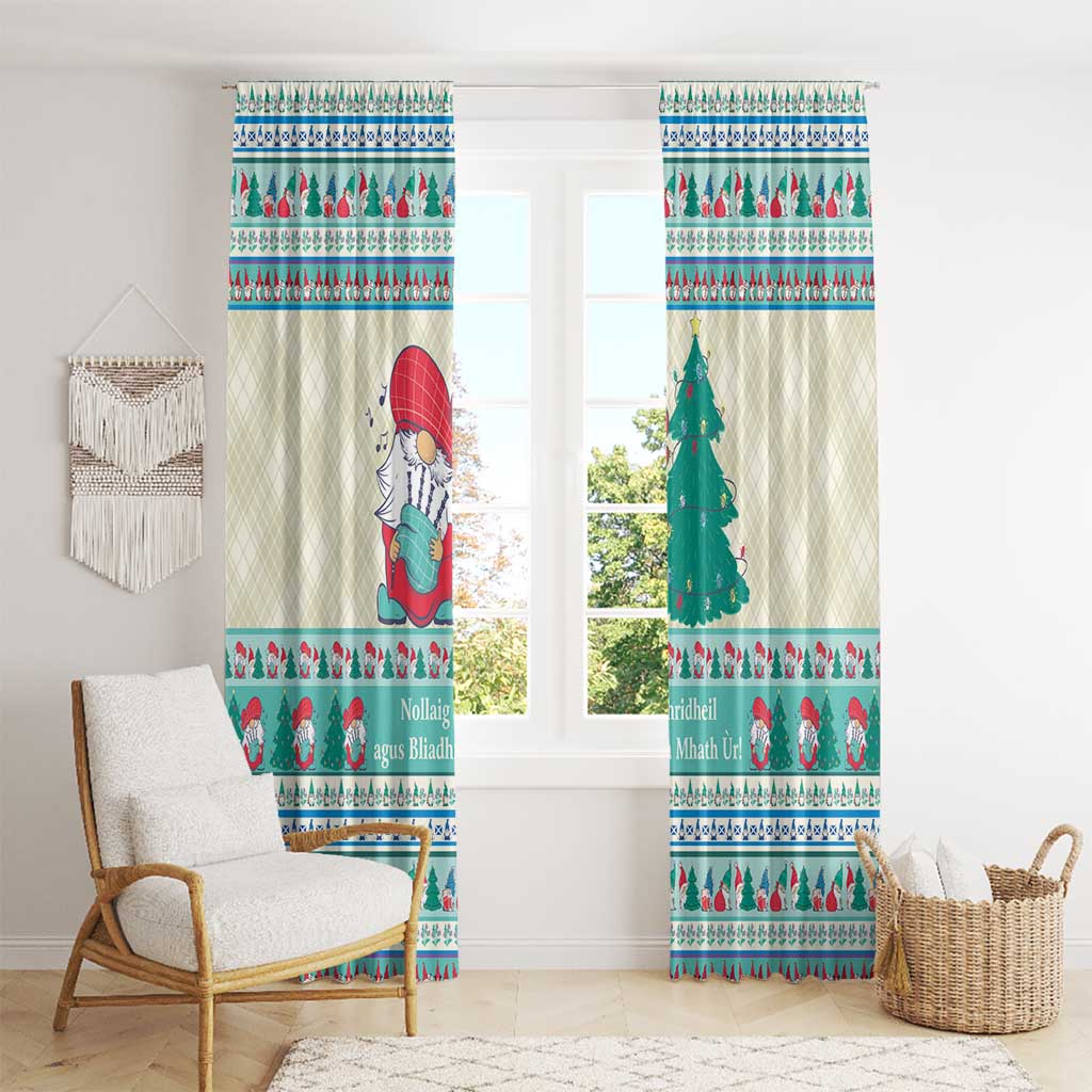 Two Christmas curtain panels with mint blue pine tree motif and gnome border stripes