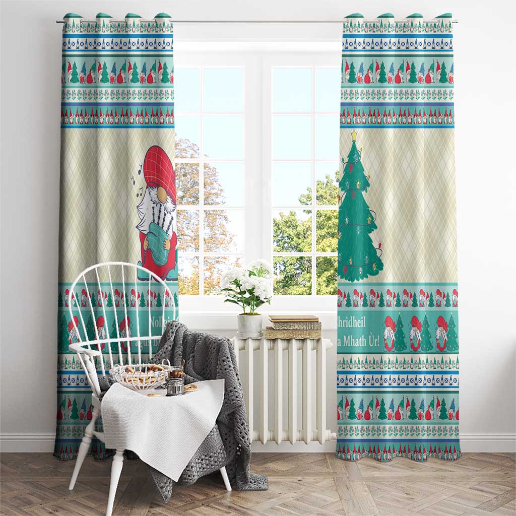 Two hanging Christmas curtains with mint blue gnome in red hat and pine tree scene