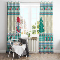Two hanging Christmas curtains with mint blue gnome in red hat and pine tree scene