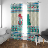 Two window curtain panels with gnome figure, pine tree, and mint blue festive stripes