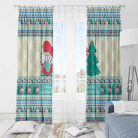 Pair of Christmas curtain panels with mint blue pine trees, gnomes, and striped borders