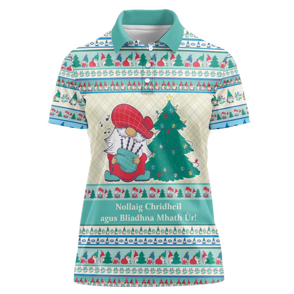 Gnome Bagpies Musical Women Polo Shirt Nollaig Chridheil Scotland Christmas Pattern