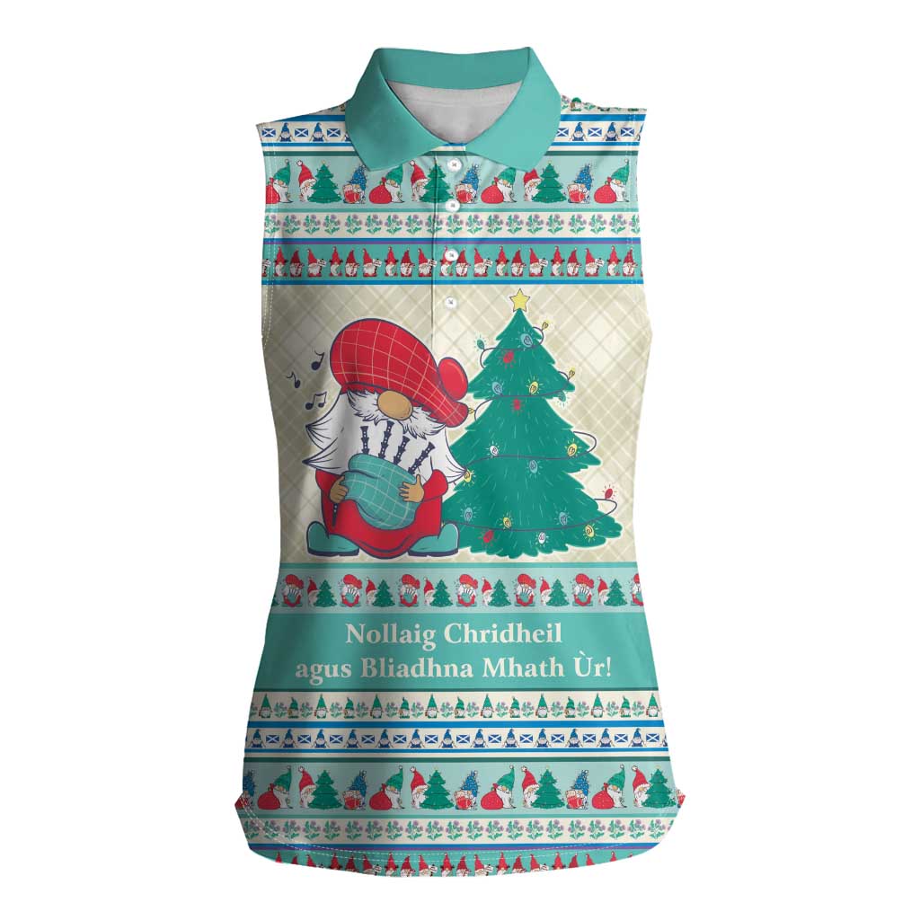 Gnome Bagpies Musical Women Sleeveless Polo Shirt Nollaig Chridheil Scotland Christmas Pattern