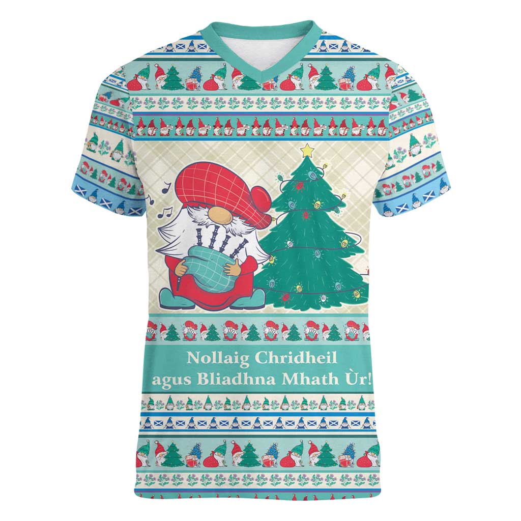 Gnome Bagpies Musical Women V-Neck T-Shirt Nollaig Chridheil Scotland Christmas Pattern