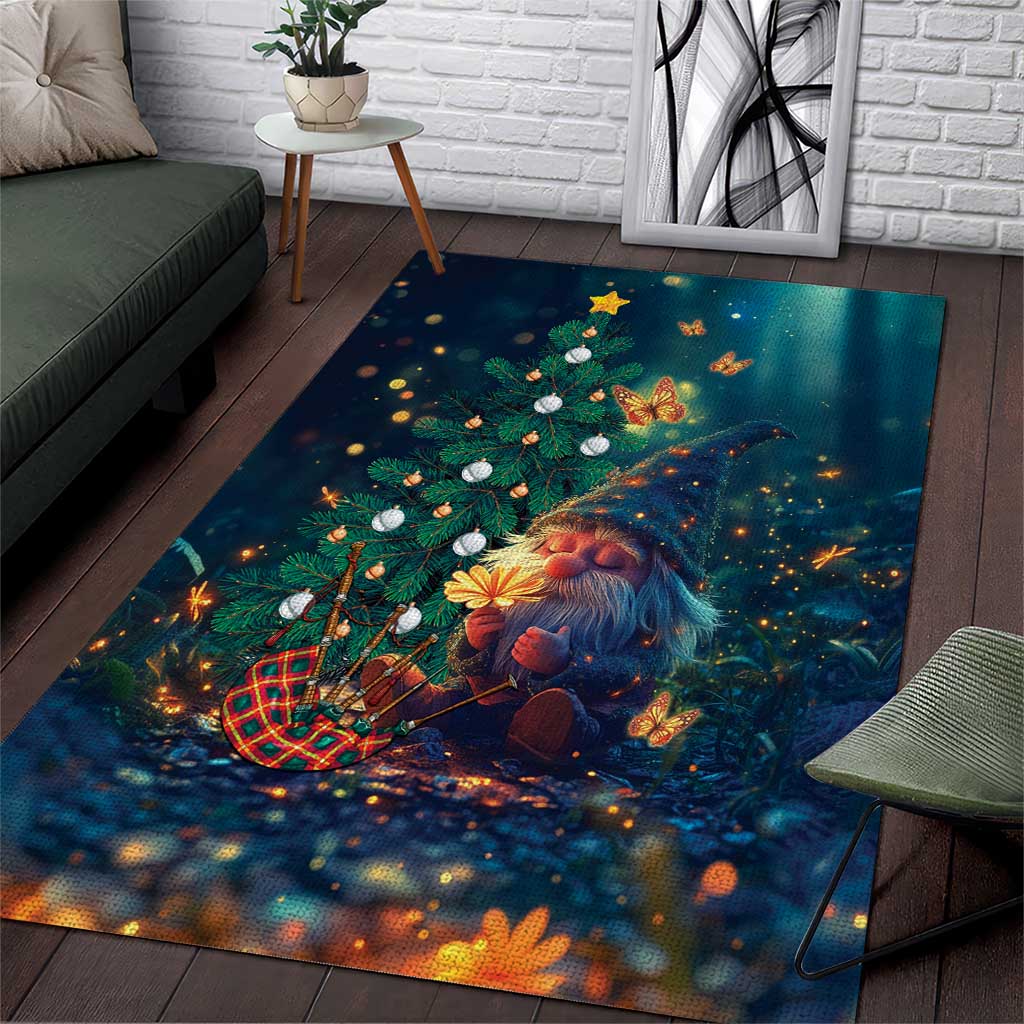 Christmas gnome area rug with dark blue outdoor scene and multicolor holiday graphics
