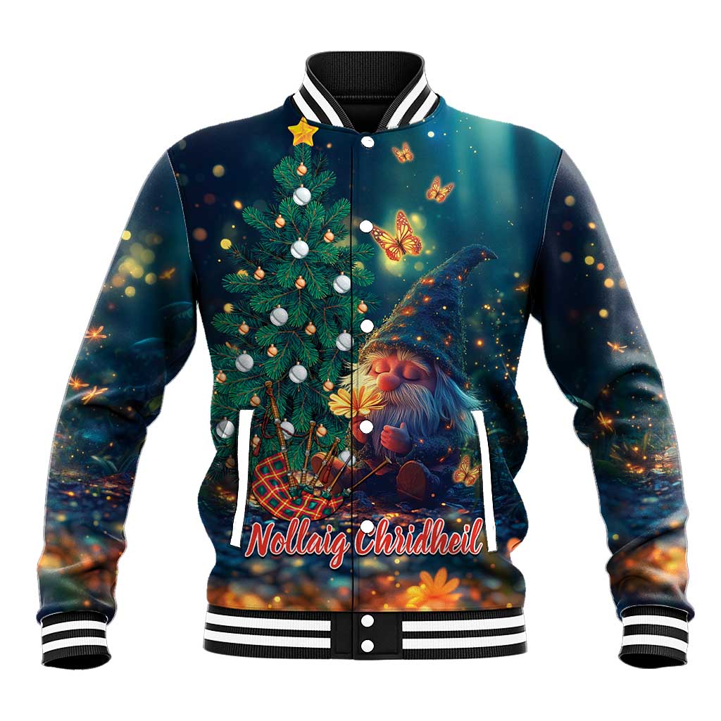 Unisex baseball jacket in dark teal with Christmas gnome and tree graphic, snap front