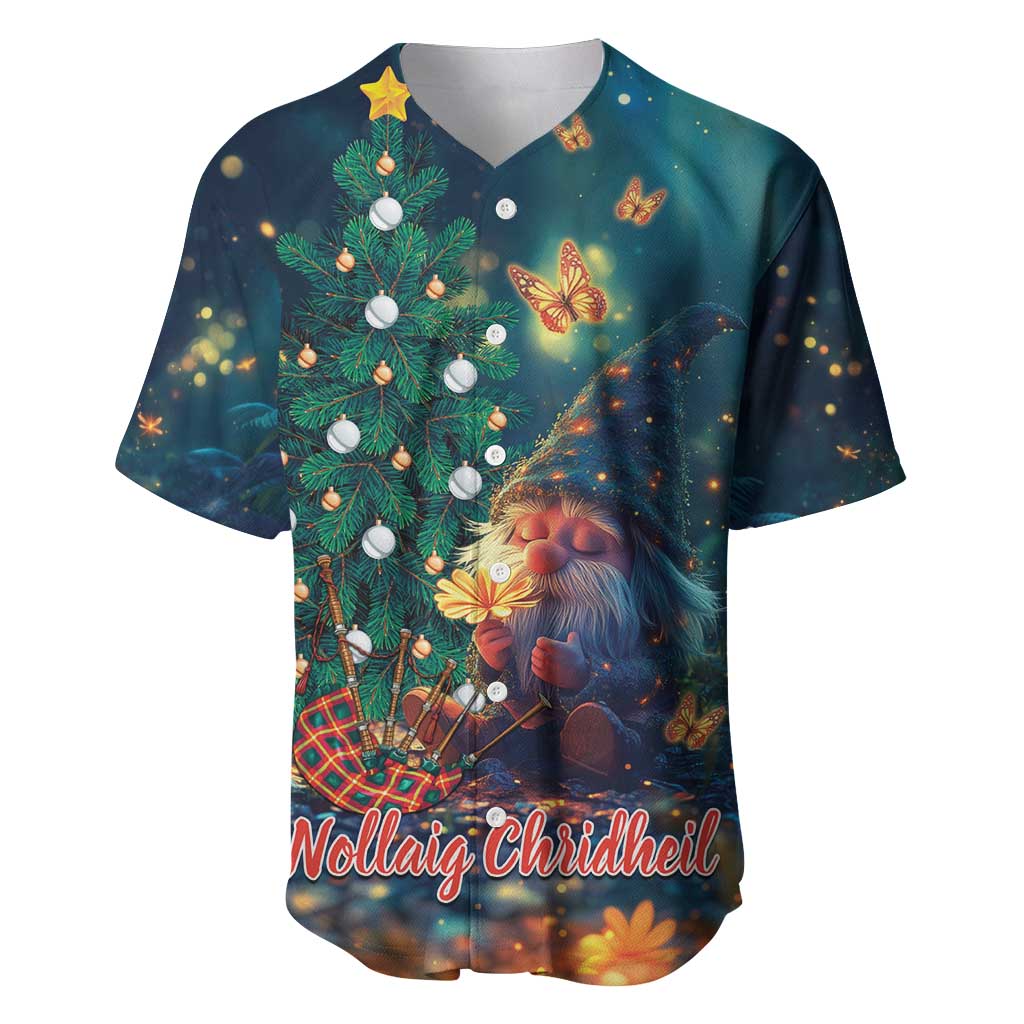 Dark teal V-neck baseball jersey with printed Christmas gnome, tree, and text graphic