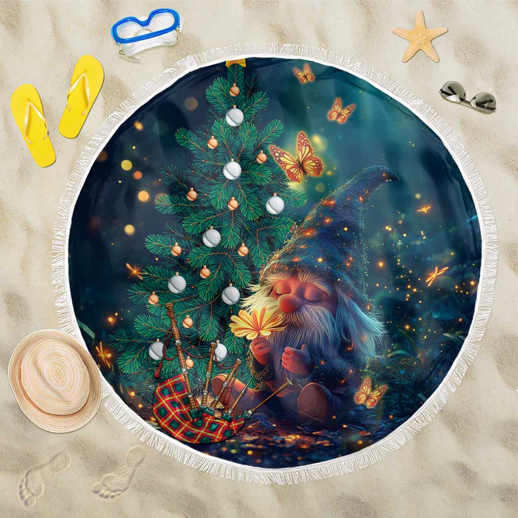 Round beach blanket with white fringe, Christmas tree and gnome illustration on dark teal