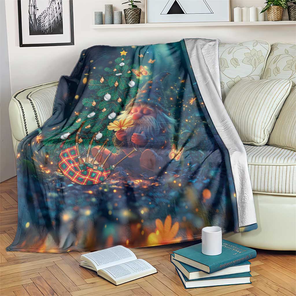 Christmas gnome throw blanket with decorated tree, glow lights and butterflies, dark teal
