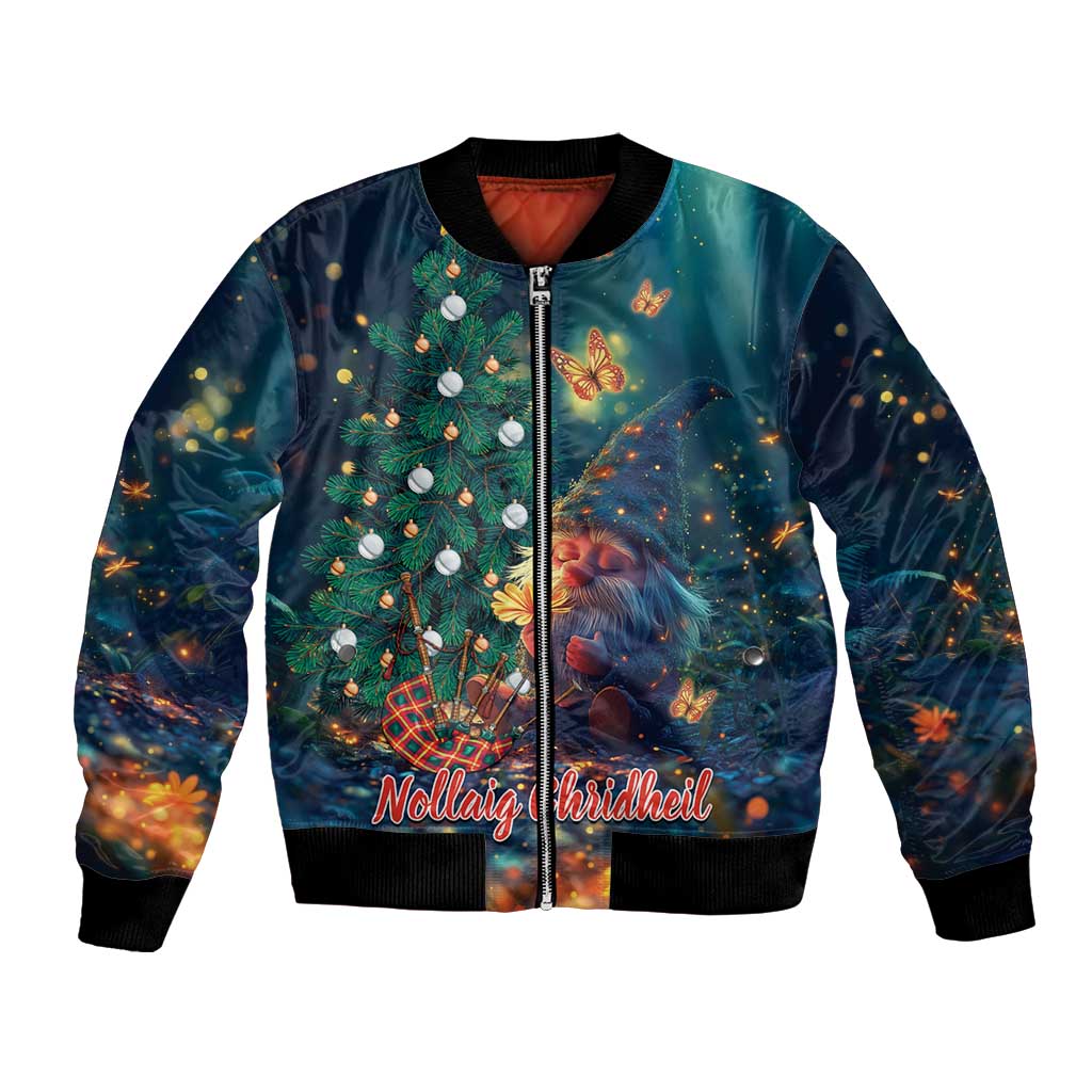Unisex bomber jacket, full-zip, teal Christmas gnome and tree graphic, ribbed cuffs