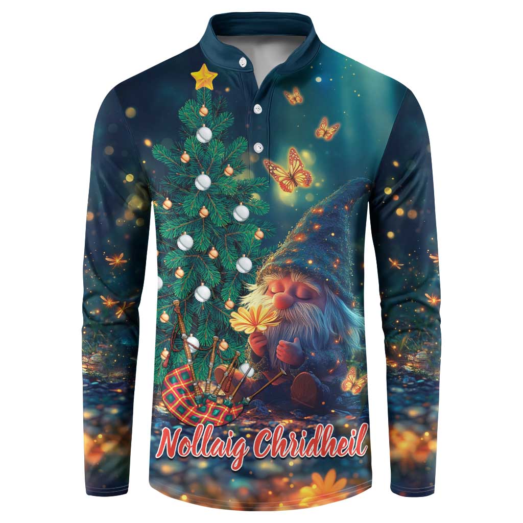 Christmas gnome henley sweatshirt with tree graphic, butterflies, and star accents