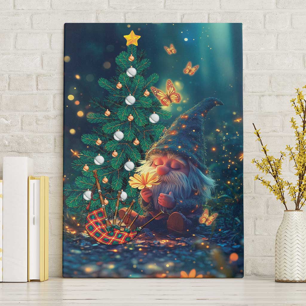 Framed canvas wall art of gnome by decorated Christmas tree with butterflies and lights
