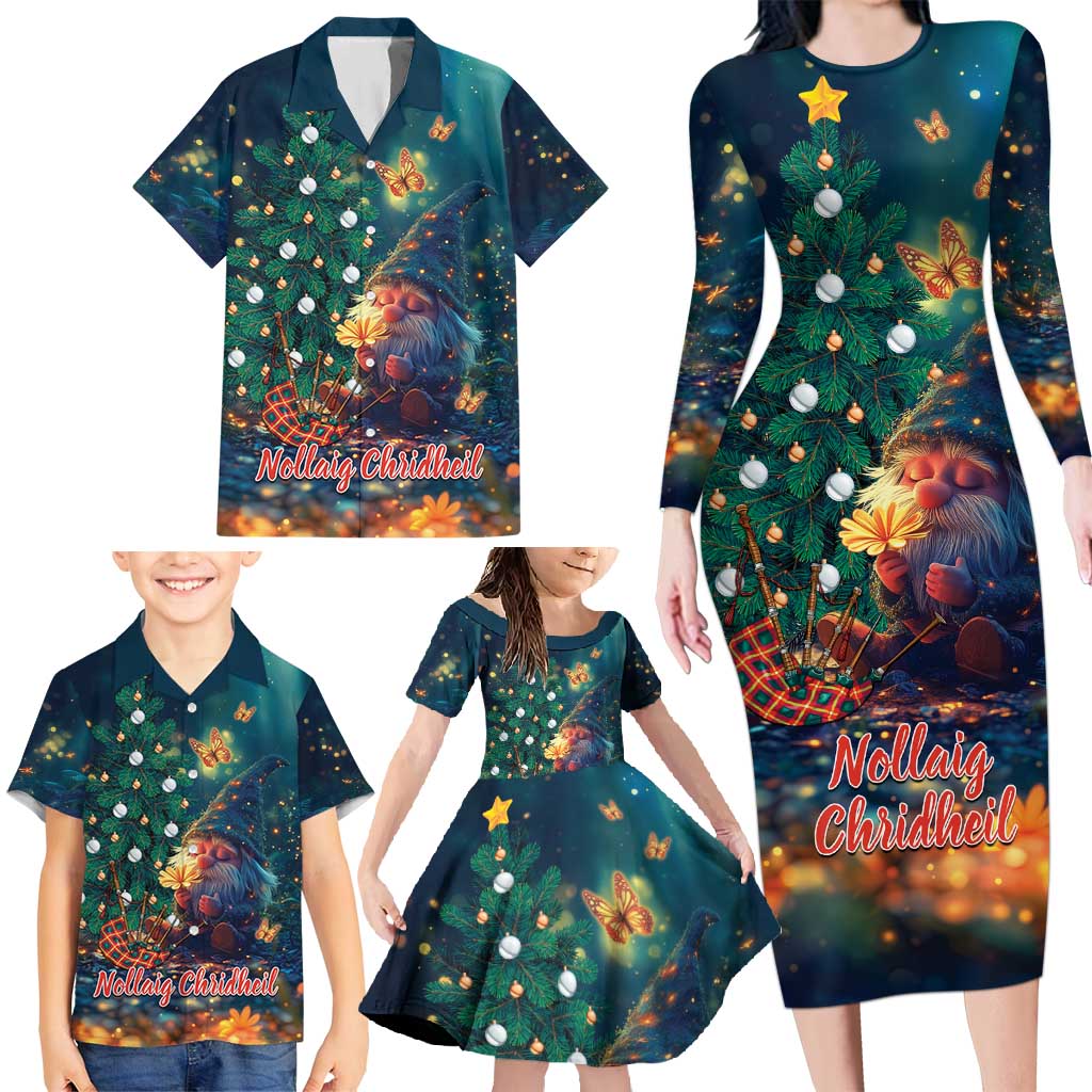 Nollaig Chridheil Scottish Gnome Family Matching Long Sleeve Bodycon Dress and Hawaiian Shirt Bagpies Musical and Chirstmas Tree LT9 - Wonder Print Shop