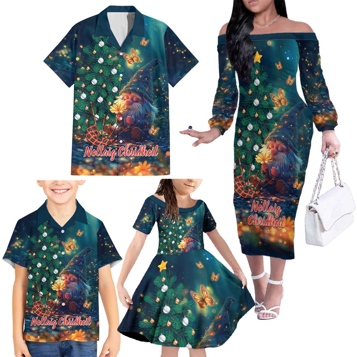 Nollaig Chridheil Scottish Gnome Family Matching Off The Shoulder Long Sleeve Dress and Hawaiian Shirt Bagpies Musical and Chirstmas Tree - Wonder Print Shop