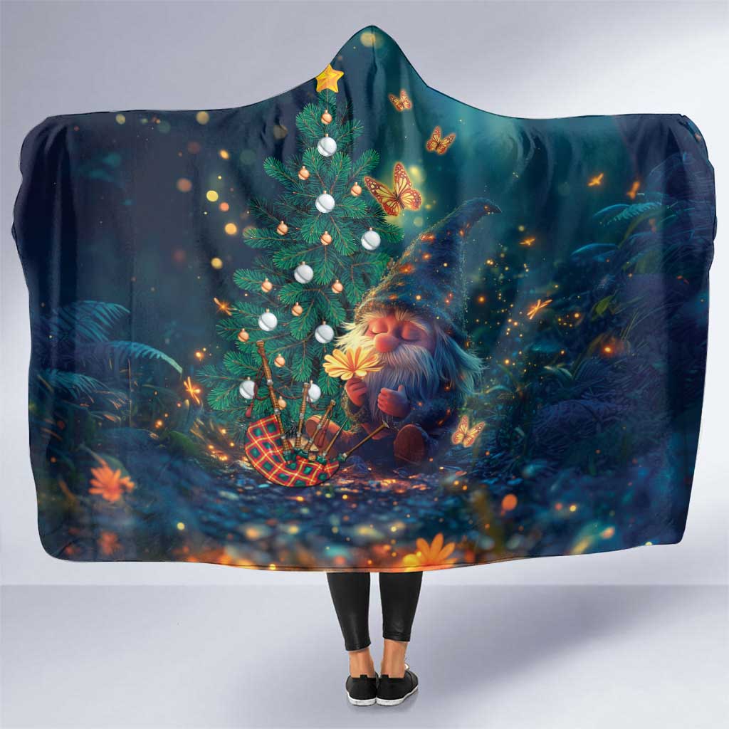 Hooded Christmas blanket with gnome, tree and lights graphic, teal and dark blue