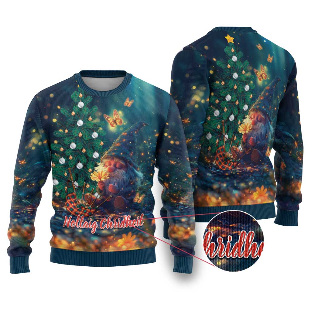 Teal Christmas sweater with gnome and tree graphic, long sleeves, ribbed cuffs