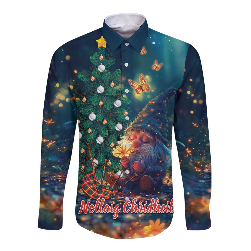 Unisex long-sleeve button shirt, dark blue holiday gnome and Christmas tree front print